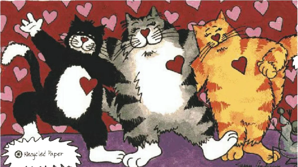 Bart the tabby with his black-and-white and orange cat friends, painted by Susan Anderson